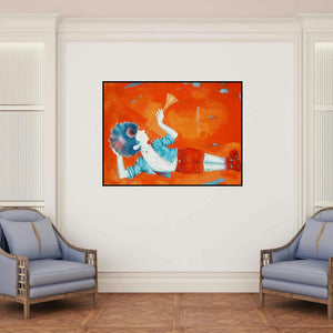 'The Golden Childhood' painting by Shiv Kumar Soni shown on a wall in a furnished room.