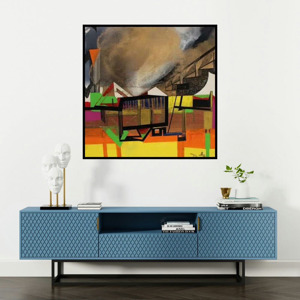 'Golden Cloud 2 (Urban Dreamscape)' painting by Prabhinder Lall shown on a wall in a furnished room.