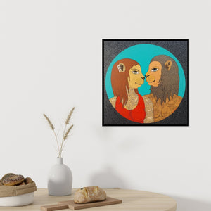 In-situ view of Bandana Kumari's 'Golden Couple' painting in a room