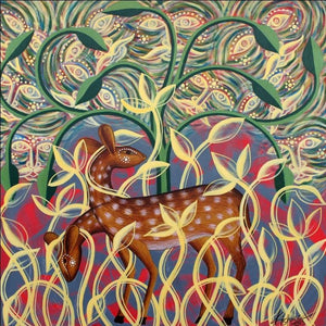 Golden Deer (The Watchful Forest) by Kishore Sahoo, Original Acrylic Animal Painting on Canvas, Medium Square Wall Art