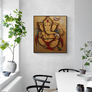 Bala Bhakta Raju's 'Golden Ganesha (Ganesha)' Painting visualized above a sofa in a contemporary room
