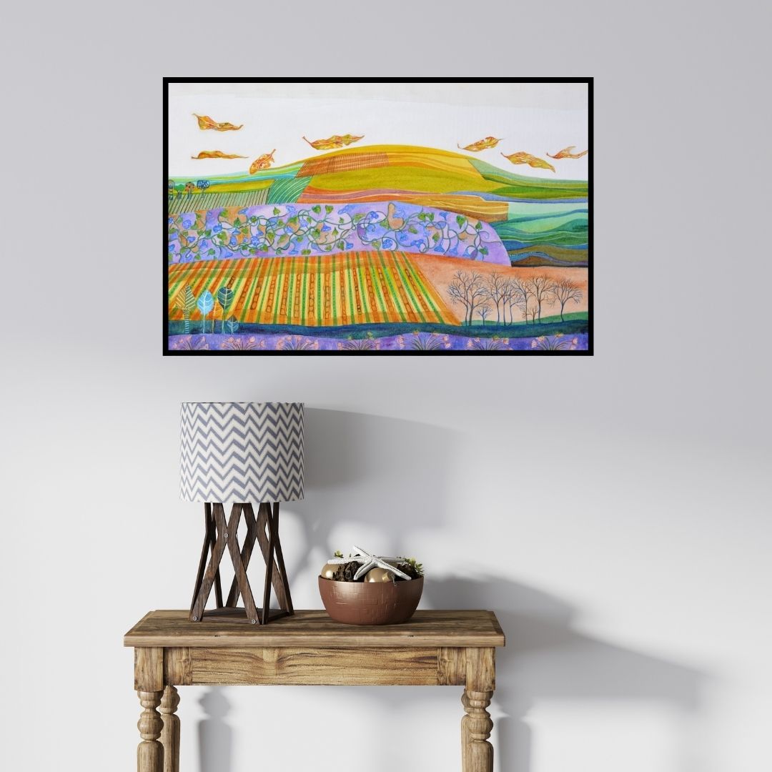 In-situ view of Shilpa Pachpor's 'Golden Hill With Golden Leaves' painting in a room