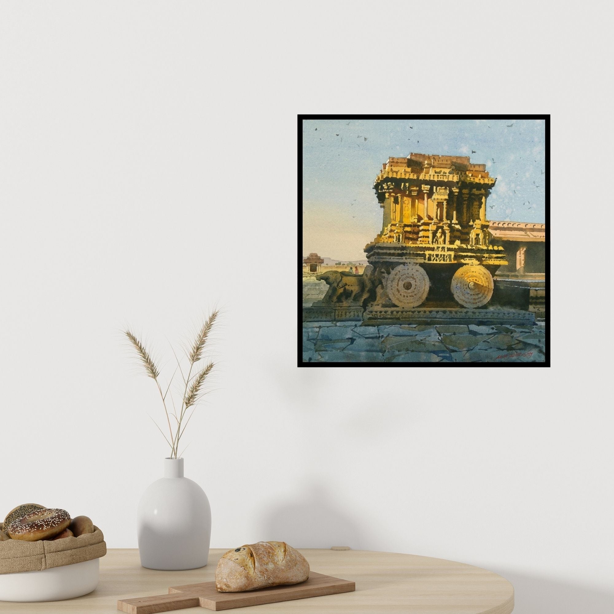 In-situ view of Abhijit Jadhav's 'Golden Light (The Stone Chariot of Hampi)' painting in a room