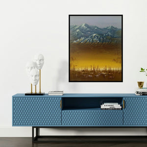 'Golden Light (Mountain Vista)' painting by Yogesh Lahane shown on a wall in a furnished room.