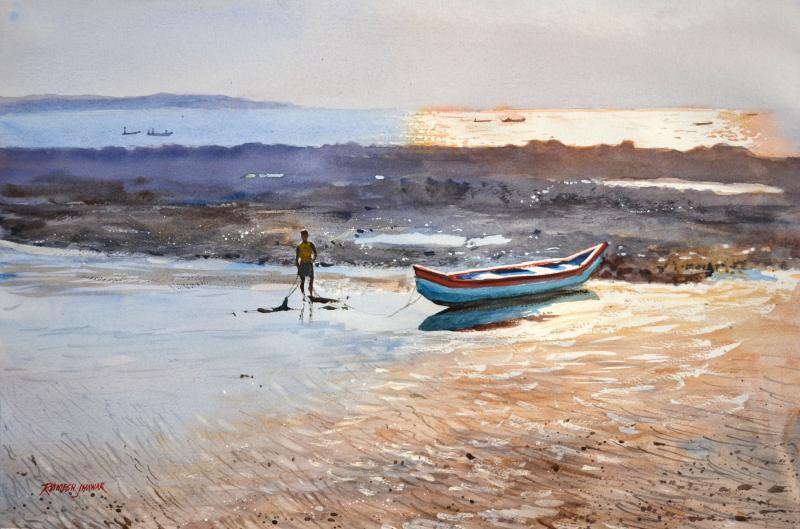 Seascape watercolor painting titled 'Golden Light Gorai Beach', 20x15 inches, by artist Ramesh Jhawar on Paper
