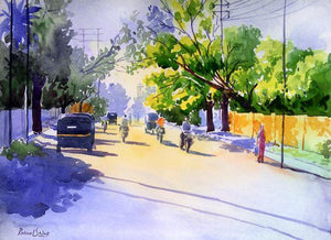 Golden Light I (Golden Light) by Rahul Salve, Original Watercolor Cityscape Painting on Paper, Small Horizontal Wall Art
