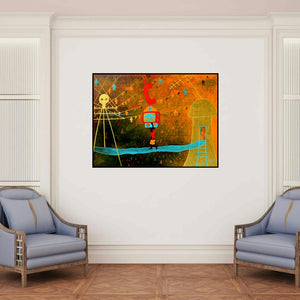 'Golden Memories (The Tech-Toting Traveler)' painting by Lakhan Singh Jat shown on a wall in a furnished room.