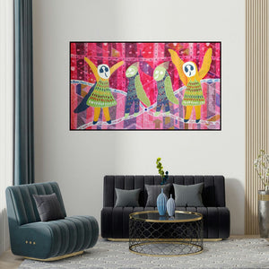 Lakhan Singh Jat's 'Golden Memories (A Celebration of Life)' painting visualized above a sofa in a contemporary room.