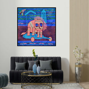 Lakhan Singh Jat's 'Golden Memories (The Curious Lion)' painting visualized above a sofa in a contemporary room.