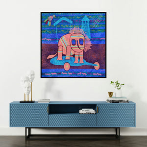 'Golden Memories (The Curious Lion)' painting by Lakhan Singh Jat shown on a wall in a furnished room.