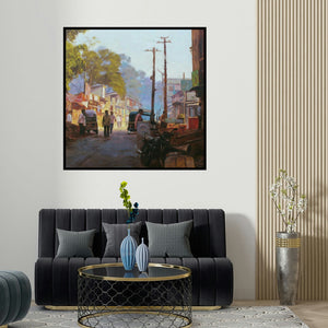 Manoj Deshmukh's 'Golden Morning' painting visualized above a sofa in a contemporary room.