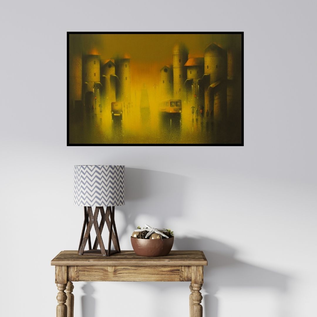 In-situ view of Somnath Bothe's 'Golden Night (Ethereal Cityscape)' painting in a room