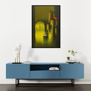 Preview of 'Golden Night' Painting by Somnath Bothe shown on a wall in a furnished room.