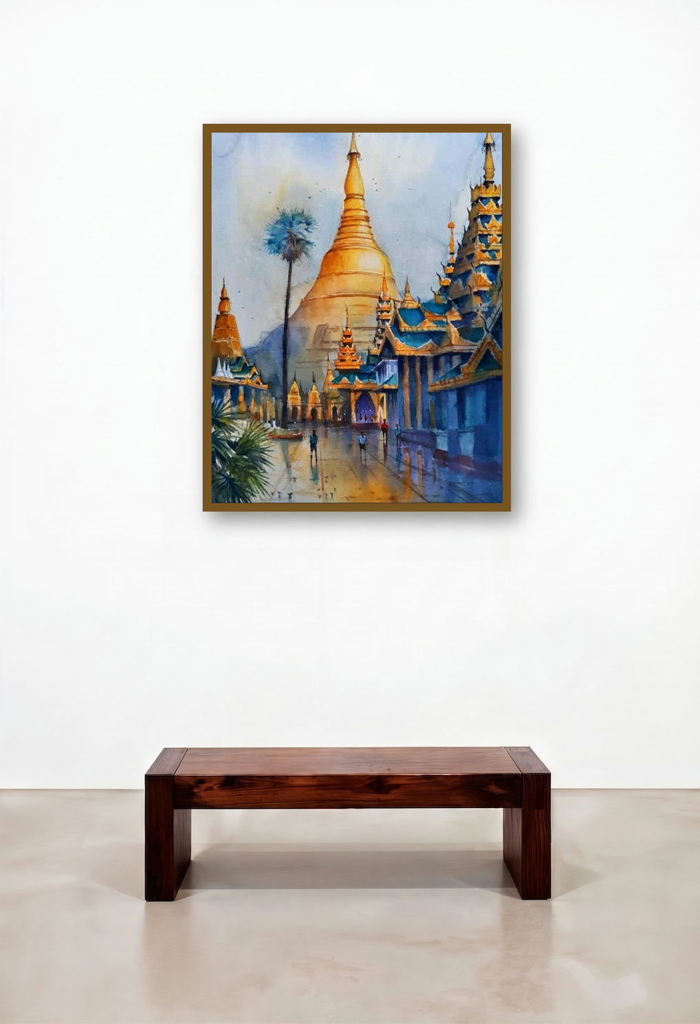 Golden Pagoda (Golden Majesty) by artist Jitendra Divte displayed in a Rustic Bedroom