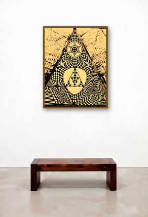 Golden Pyramid (The All-Seeing Geometry) by artist Manju Lamba displayed in a Scandinavian Living Room