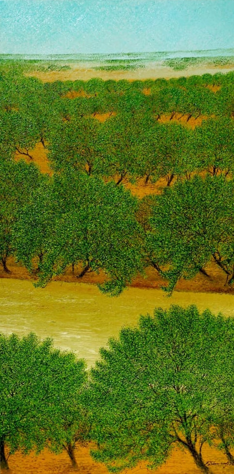 'Golden River' nature oil painting by artist Pardeep Singh, 72x36 inch, on canvas