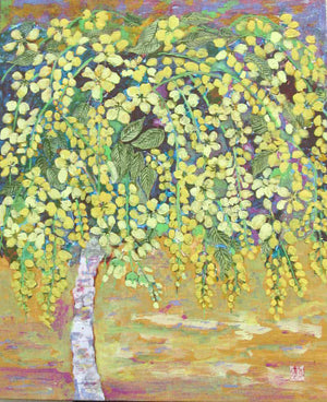 Landscape tempera painting titled 'Golden Showers', 24x20 inches, by artist Madhu Jain on handmade paper
