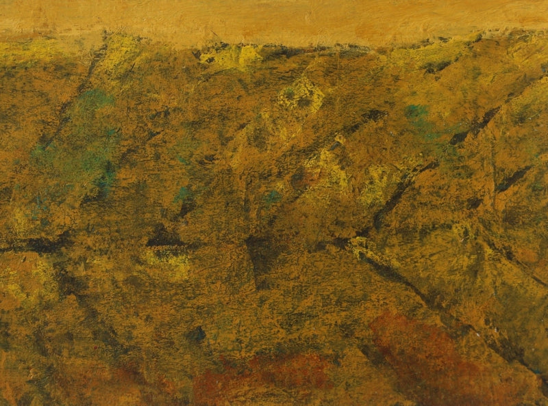 'Golden Silence' abstract acrylic painting by artist Makarand Rane, 11x13 inch, on paper