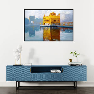 Preview of 'Golden Temple' Painting by Nanasaheb Yeole shown on a wall in a furnished room.