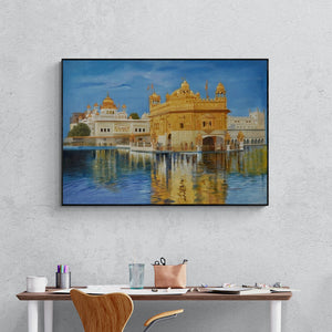 Kamal Rao's painting 'Golden Temple (Harmandir Sahib)' displayed in a modern living room setting
