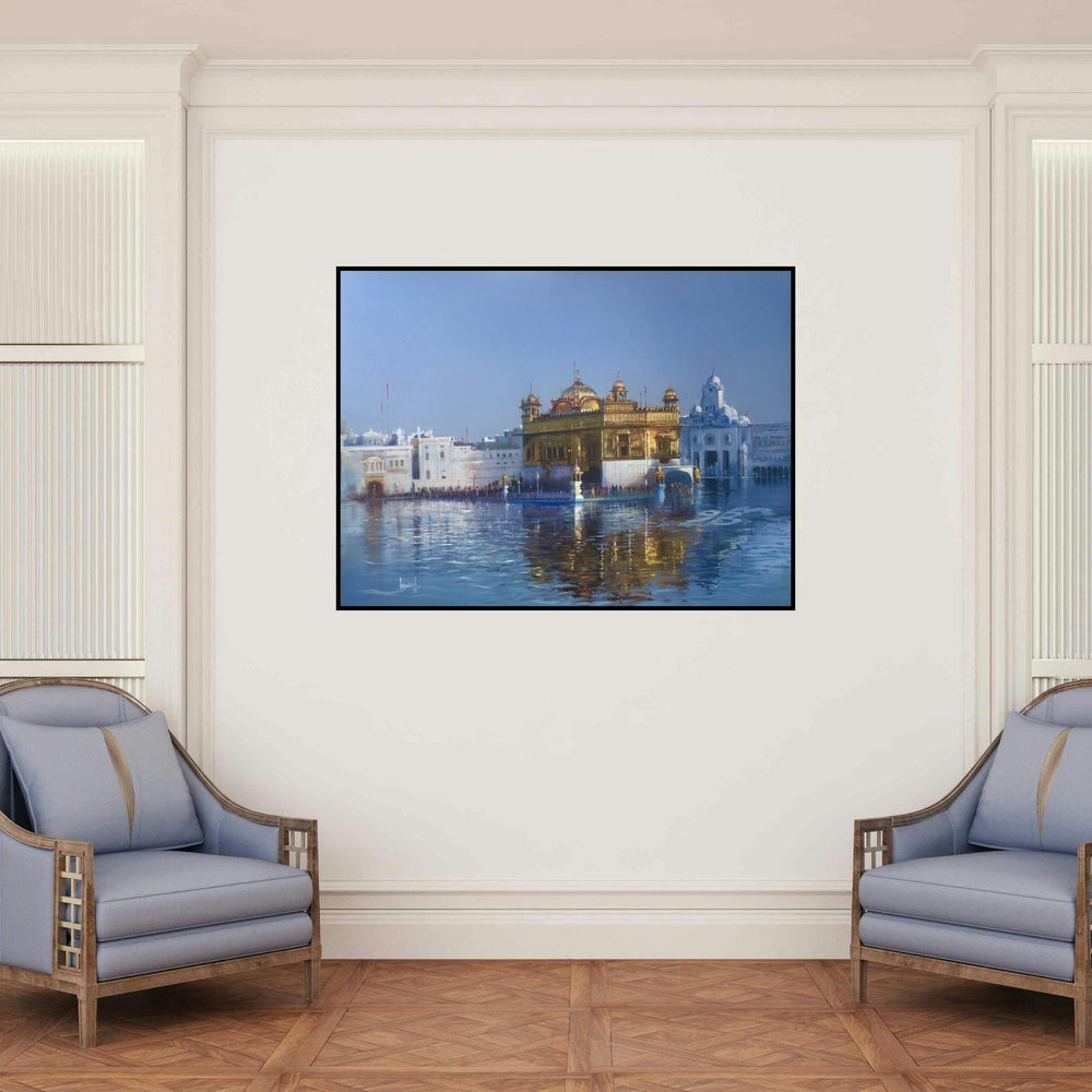 'Golden Temple (Untitled)' painting by Bijay Biswaal shown on a wall in a furnished room.