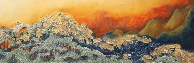 Landscape mixed-media painting titled 'Golden Tree Tops', 24x60 inch, by artist Ruchi Singhal on Canvas