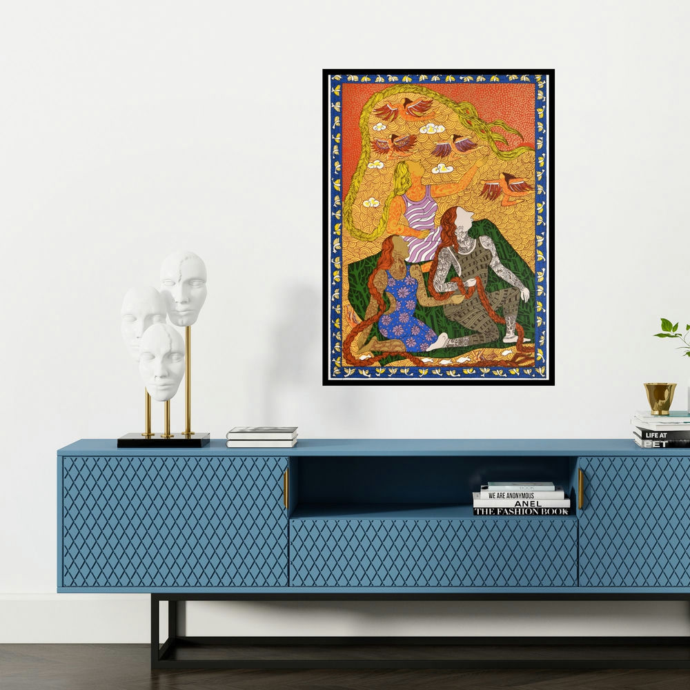 'Golden Womb Series Of Conversations (Bound by Destiny)' painting by Seema Kohli shown on a wall in a furnished room.