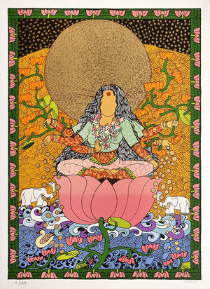 Religious serigraphs painting titled 'Golden Womb Series Laxmi', 30x22 inches, by artist Seema Kohli on Paper