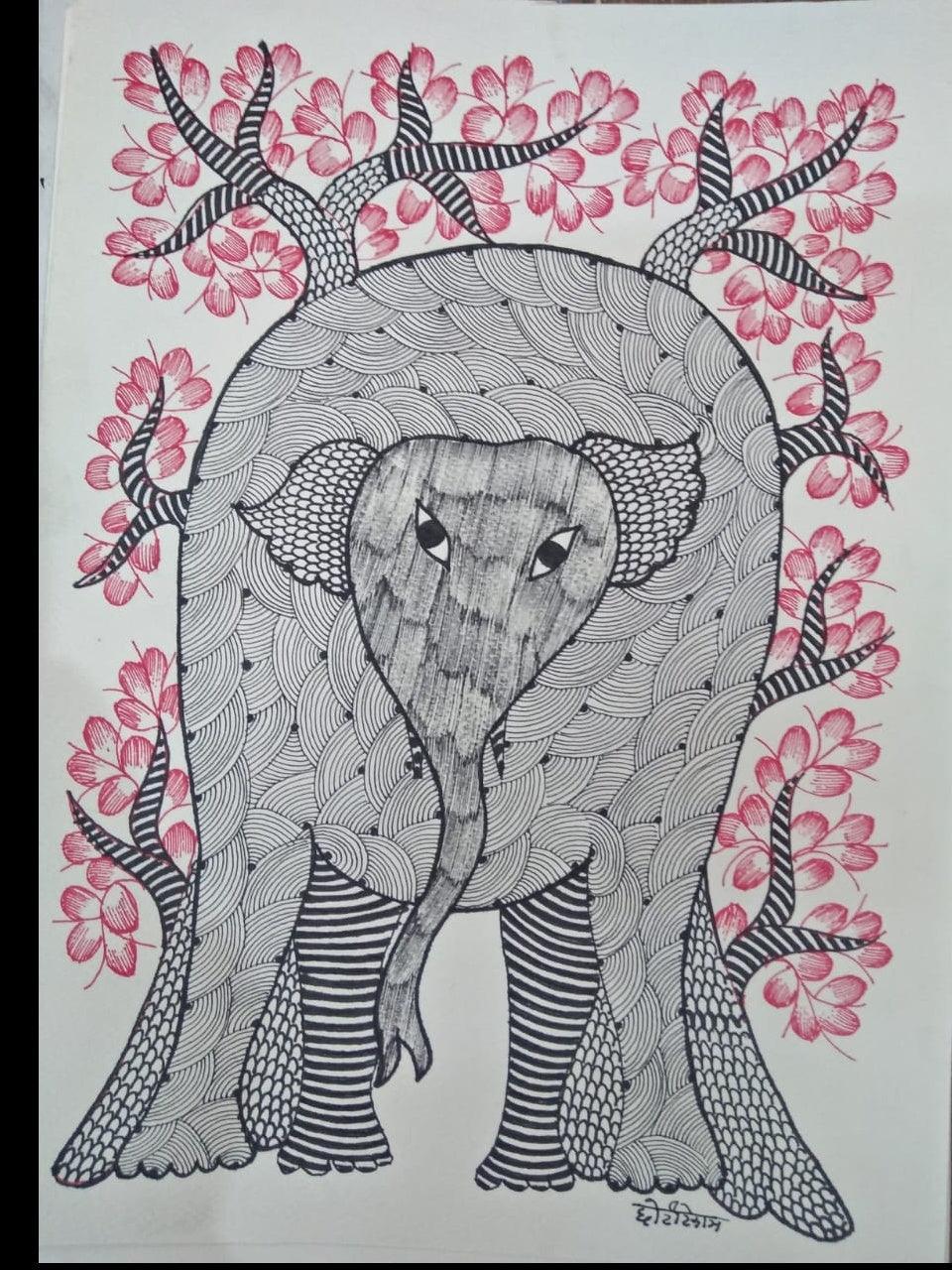 Animals gond traditional art titled 'Gond 25', 14x10 inches, by artist Choti Gond Artist on Paper