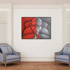 'Good Morning (Duality)' painting by Satyajeet Shinde shown on a wall in a furnished room.