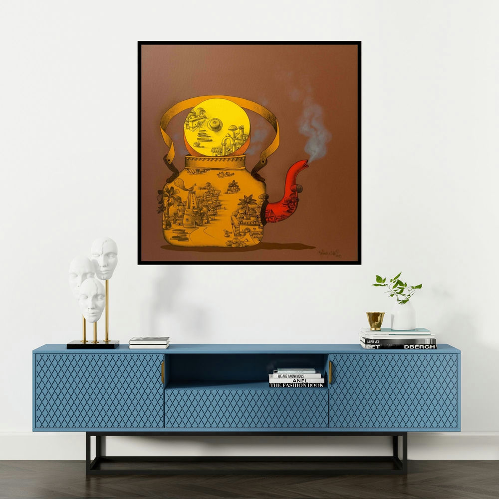 'Good Morning' painting by Manjunath Wali shown on a wall in a furnished room.