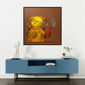 'Good Morning' painting by Manjunath Wali shown on a wall in a furnished room.