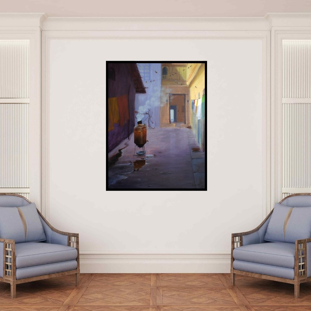 In-situ view of Mayur Heganekar's 'Good Morning (Everyday Life)' painting in a room