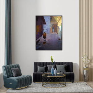 Preview of 'Good Morning (Everyday Life)' Painting by Mayur Heganekar shown on a wall in a furnished room.