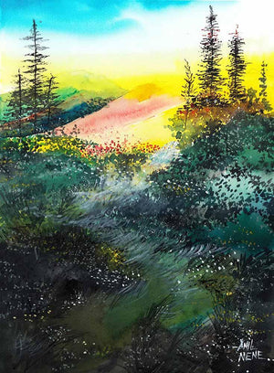 Good Morning by Anil Nene, Original Watercolor Landscape Painting on Paper, Small Vertical Wall Art