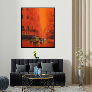 'Good Morning Kolkata (Crimson Cityscape)' painting by Purnendu Mandal shown on a wall in a furnished room.
