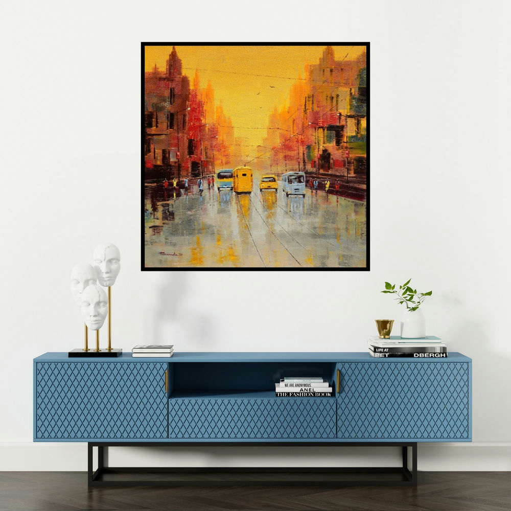 'Good Morning Kolkata (Morning Commute)' painting by Purnendu Mandal shown on a wall in a furnished room.