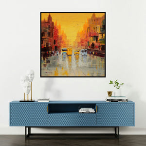 'Good Morning Kolkata (Morning Commute)' painting by Purnendu Mandal shown on a wall in a furnished room.