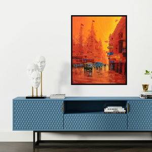 'Good Morning Kolkata 7' painting by Purnendu Mandal shown on a wall in a furnished room.