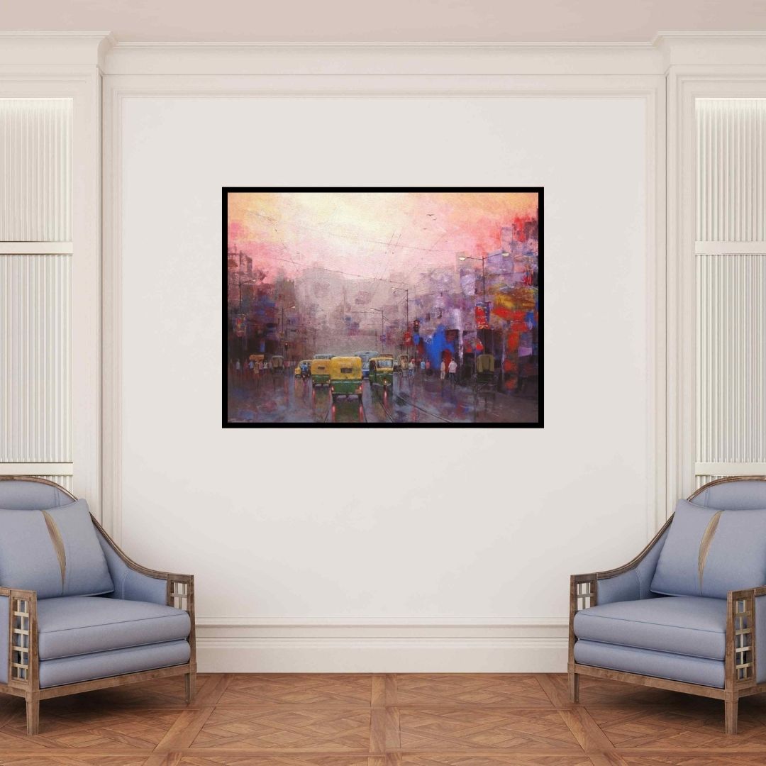 In-situ view of Purnendu Mandal's 'Good Morning Kolkata Ii' painting in a room