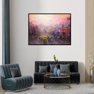 Preview of 'Good Morning Kolkata Ii' Painting by Purnendu Mandal shown on a wall in a furnished room.