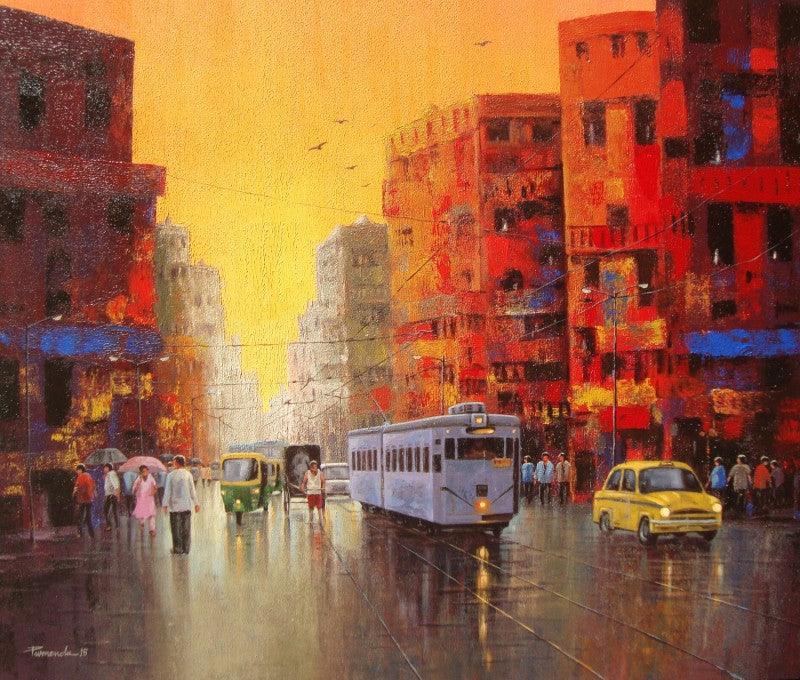 Cityscape acrylic painting titled 'Good Morning Kolkata II', 36x42 inches, by artist Purnendu Mandal on Canvas