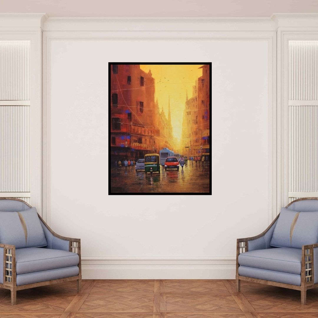 In-situ view of Purnendu Mandal's 'Good Morning Kolkata' painting in a room