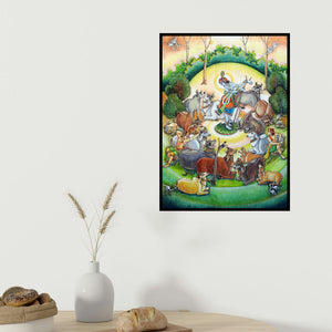 Anand Sonar's 'Gopalak (Divine Dance with the Cows)' painting visualized above a sofa in a contemporary room.