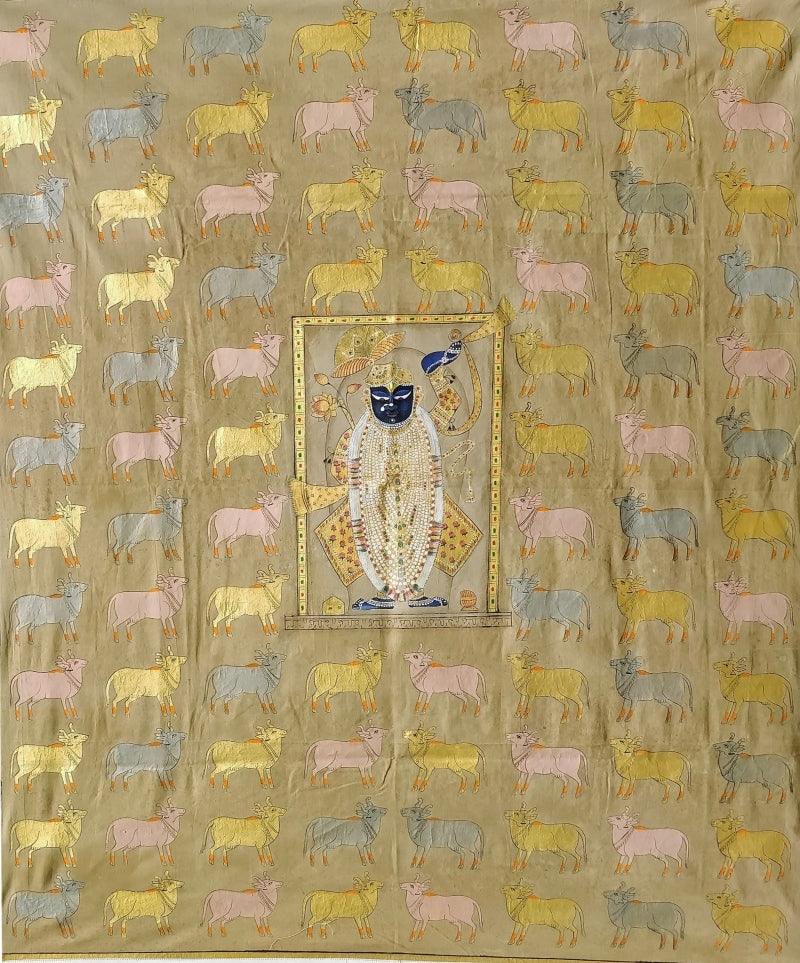 Religious pichwai traditional art titled 'Gopashtami Pichwai', 48x36 inches, by artist Pichwai Art on Cloth