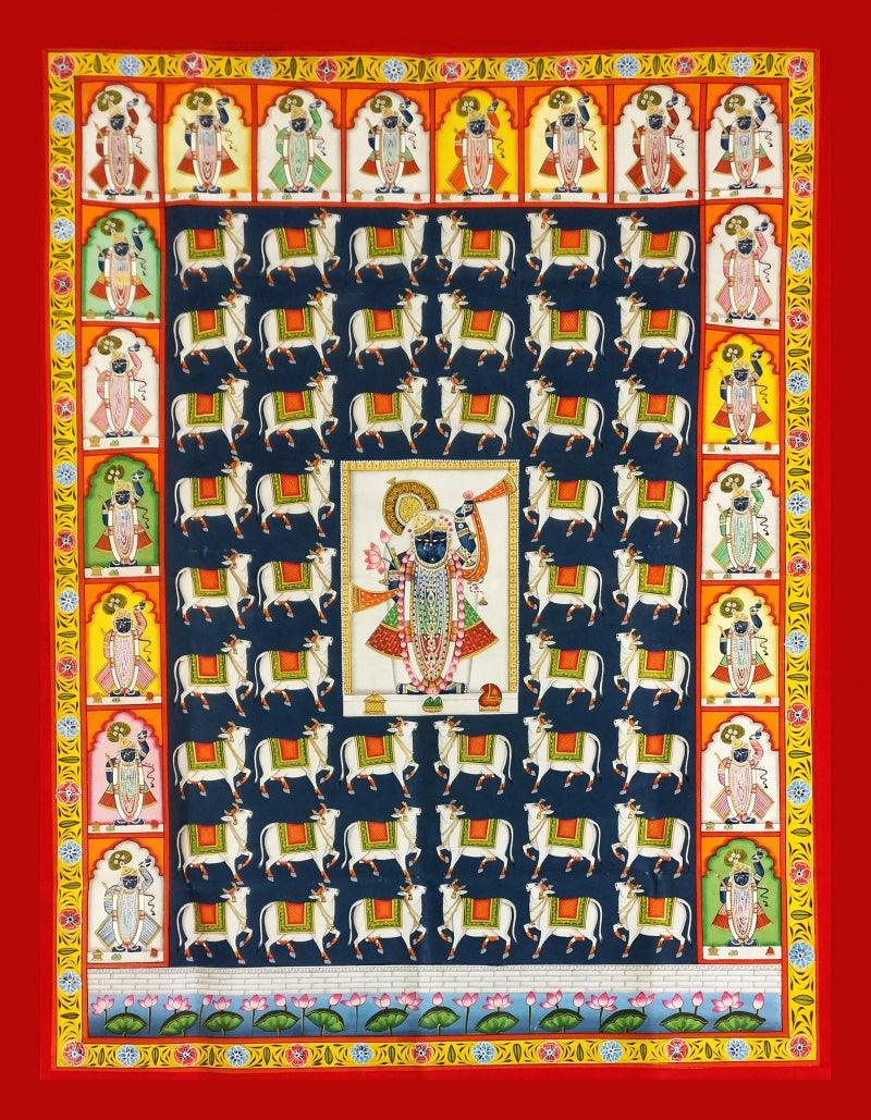 Religious pichwai traditional art titled 'Gopashtami With 20 Shringars', 54x42 inches, by artist Unknown on Cloth