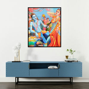 Tamali Das's 'Gopinath 2' painting visualized above a sofa in a contemporary room.