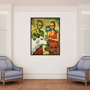 In-situ view of Shankar Devarukhe's 'Goshala' painting in a room