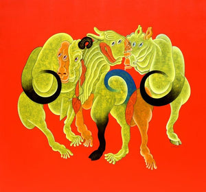 Gossip 1 (The Chimera's Embrace) by Dharmendra Kumar, Original Acrylic Ink Contemporary Painting on Canvas, X-Large Square Wall Art