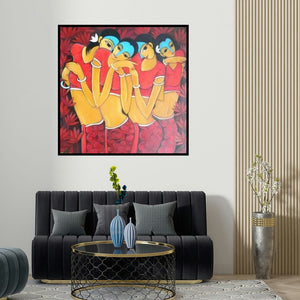 Pallavi Walunj's 'Gossip (Whispers of the Garden)' painting visualized above a sofa in a contemporary room.
